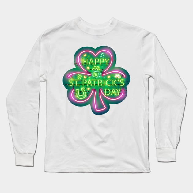 Happy St Patricks Day Neon Sign Long Sleeve T-Shirt by Voysla